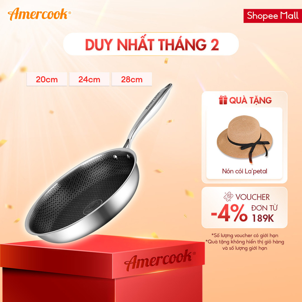 Chảo rán inox chống dính tổ ong Aristo - AMERCOOK 20cm, 24cm, 28cm dùng ...