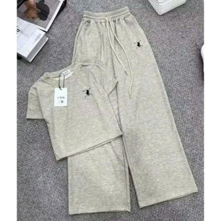 Sét quần ống rộng da cá dài THÊU NGỰA  xám tiêu + phối áo thun CROPTOP  -thuba94