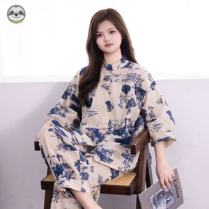 Đồ ngủ nữ tay ba phần tư phong cách Trung Hoa, chất liệu cotton nguyên chất, màu xanh trắng họa tiết rộng rãi