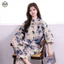 Đồ ngủ nữ tay ba phần tư phong cách Trung Hoa, chất liệu cotton nguyên chất, màu xanh trắng họa tiết rộng rãi