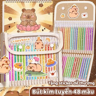 Bút Highlight học sinh với tem Capybara độc đáo, bút đánh dấu nhiều màu và kim tuyến lấp lánh, bộ 12/24/36