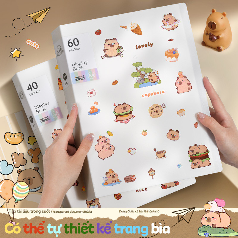 File lá đựng tài liệu A4 trong suốt 30 lá – Tệp đựng hồ sơ đa năng cho học sinh & văn phòng, sticker Capybara