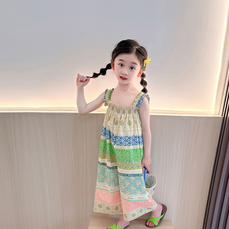 Bộ áo liền quần bé gái Khâu màu mùa hè Sling không tay ống rộng 90-140 Size MW1G