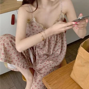 Có Miếng Lót Ngực Sling Bộ Đồ Ngủ Nữ Giả Cotton Hoa ins Pure Desire Ngọt Ngào Ren Có Thể Mặc Bên Ngoài Nhà Quần Áo