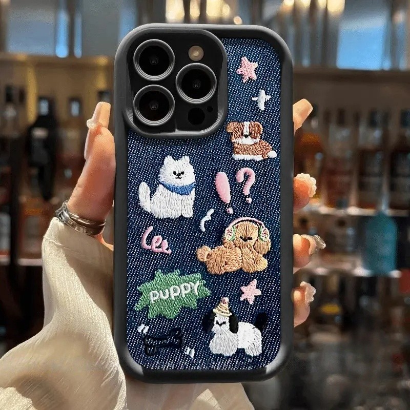 Ốp lưng Iphone Mẫu chó có hiệu ứng thêu cho iPhone 12 13 14 16 15 11  pro max plus 7 xr xs