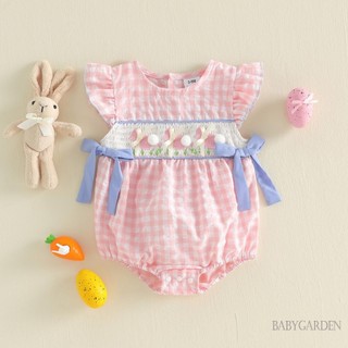 Bé Gái Phục Sinh Romper Màu Hồng Gingham Ruffle Flutter Tay Smocked Bunny Bow một mảnh