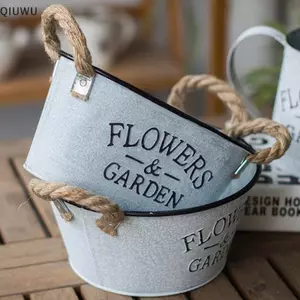 QIUWU Chậu hoa kim loại mạ kẽm cổ điển Vườn treo ban công Chậu cây có tay cầm.