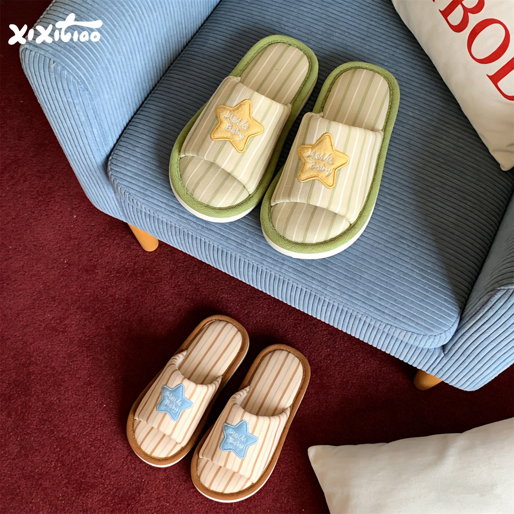 XIXITIAO Dép Vải Lanh Cotton Nhà Phong Cách Mới Phòng Ngủ Họa Tiết Dọc Nữ Xuân Hè Thoải Mái