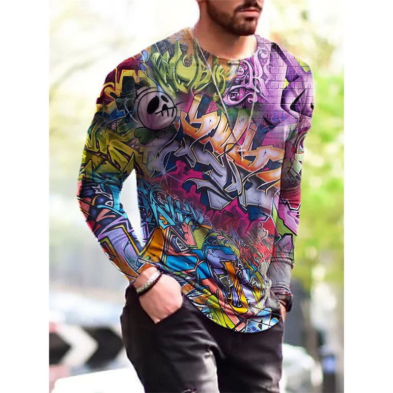 Áo thun nam dài tay 3D graffiti art cổ chữ O, style street hip hop - Thời trang mùa thu