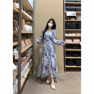 <![Giảm giá 10% trong thời gian có hạn] Váy dài plus size màu xanh in hình bướm, cổ và tay chữ V, phù hợp ngày lễ