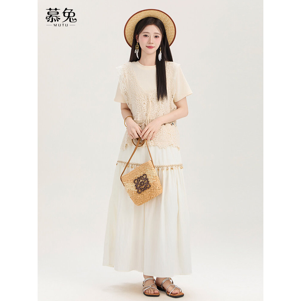 MUTU | Váy nửa eo cao Boho dài vừa phải chữ A