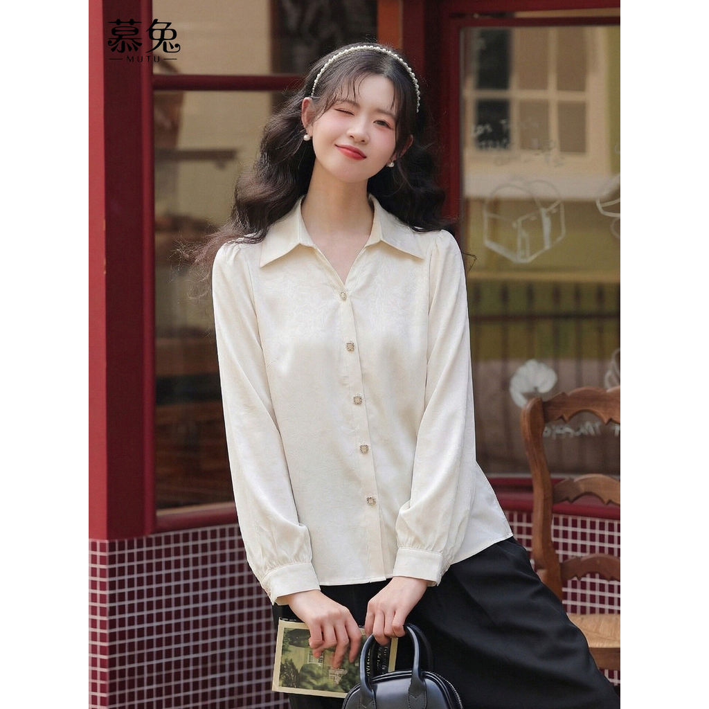 Mutu Áo sơ mi nữ phong cách Pháp cổ chữ V vai dài, chính hãng, phù hợp mùa xuân mới với thiết kế ôm dáng sang trọng