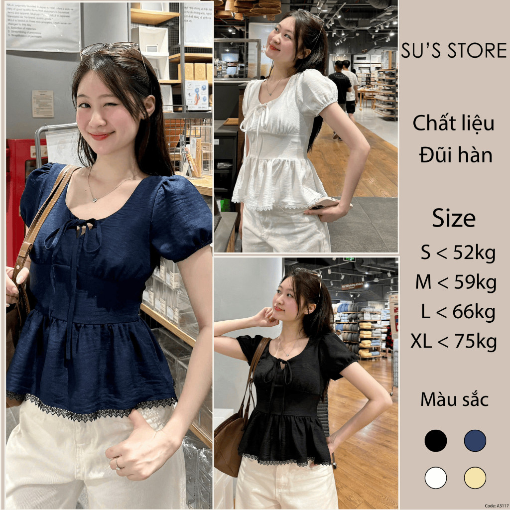 Áo Kiểu Nơ Buộc Bo Eo Tay Bồng Pha Ren A315517  Thời Trang Nữ Bigsize