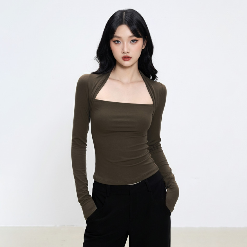 Áo Thun Nữ Ôm Cổ Vuông Tay Dài  Kiểu Cúp Ngực Cá Tính A5149222