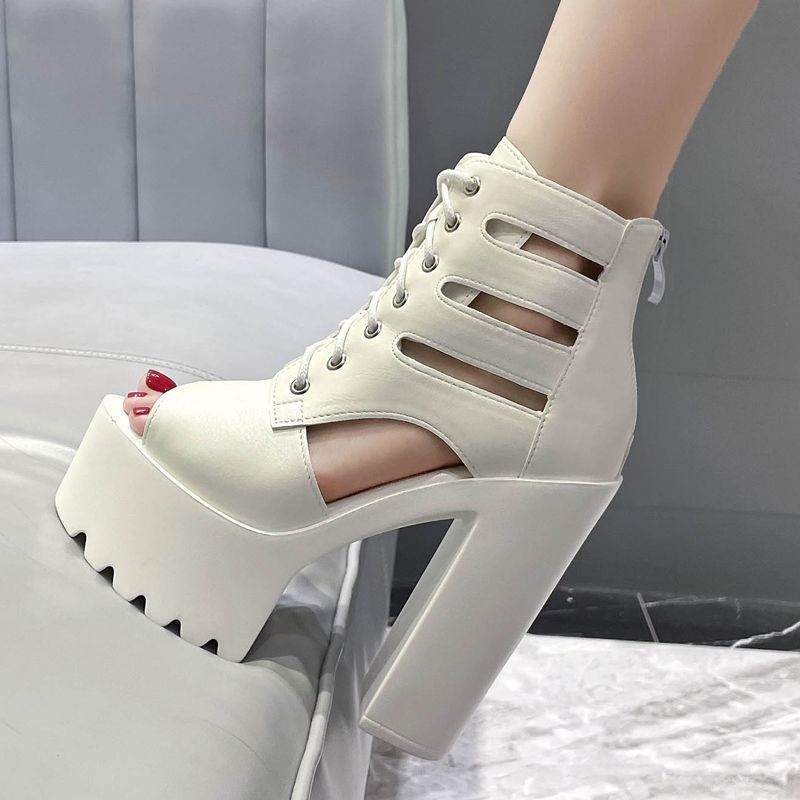 Giày Sandal La Mã Gót Dày Gót Siêu Cao Nữ Xuân Thu Phong Cách Mới Ghét Bầu Trời Cao 14cm Đế Dày Rỗng Cá Miệng Ren-U