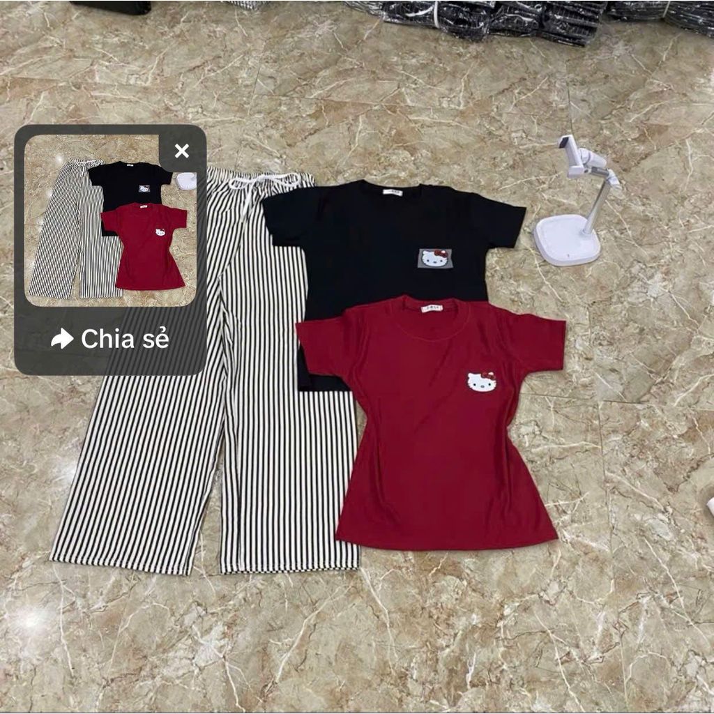 Sét bộ  quần suông đũi xốp kẻ vằn+ phối áo Phông CROPTOP kiti in nguuc tăm ngắn