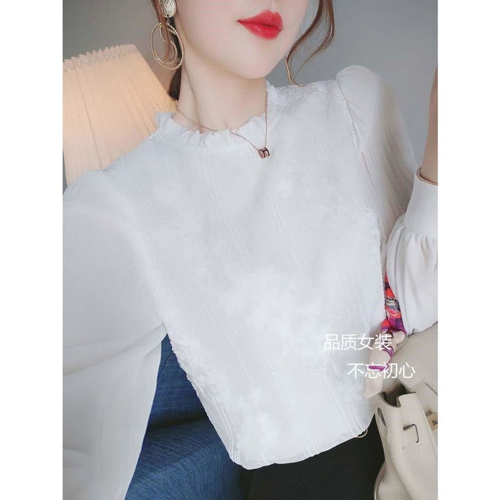 M-3XL Áo sơ mi tay dài văn phòng chắc chắn trắng thời trang ren cao cấp