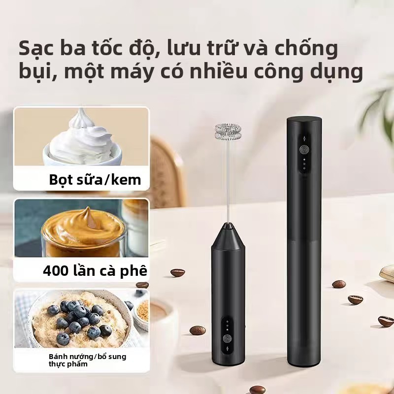 Máy đánh bọt sữa sạc Type-C: 3 tốc độ, gọn nhẹ, đa năng + nắp đựng