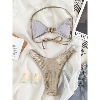 Đồ bơi bikini nữ màu vàng bronzeing họa tiết ngôi sao, thiết kế hai mảnh