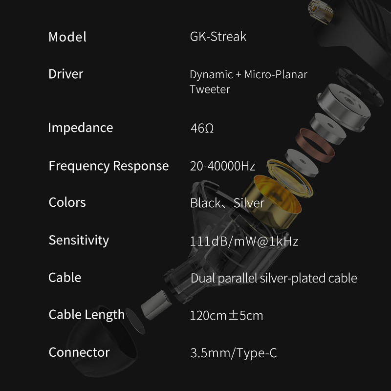 Màn hình trong tai GK-Streak Hi-Fi KUN Dynamic + Micro Planar Tai nghe điều khiển kép với cáp 2 chân GK-KUNTEN được nâng cấp