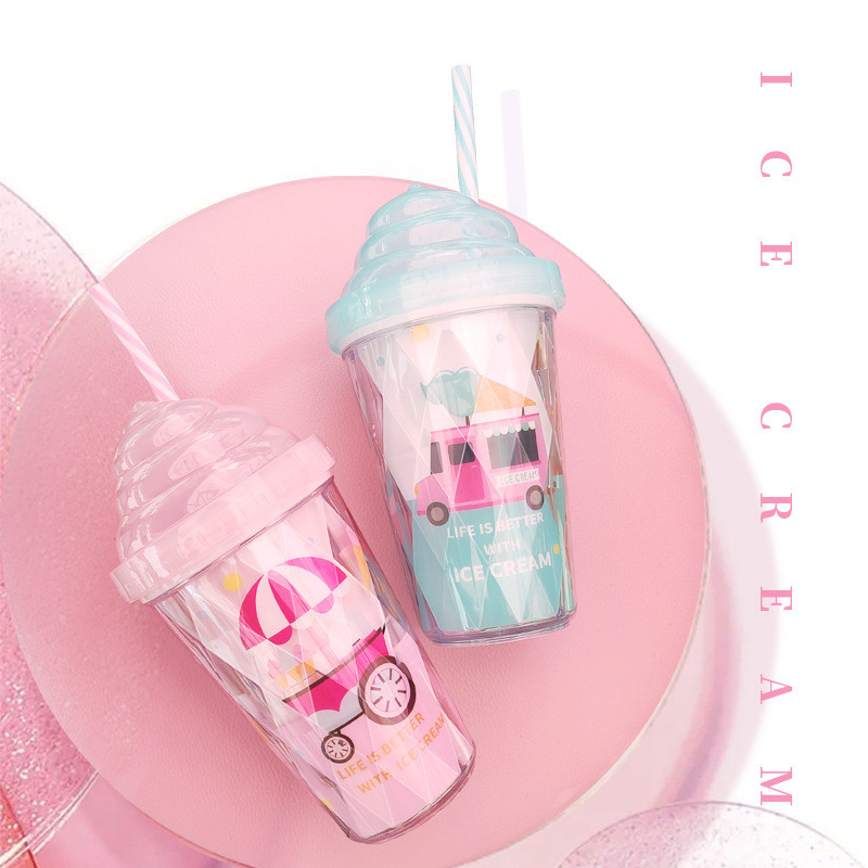 Trẻ Em Cốc Nước Nữ Kem Nắp Kim Cương Hai Lớp Cốc Nước Mùa Hè Cô Gái Cốc Sáng Tạo Ống Hút Nước Hộ Gia Đình