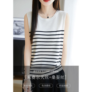 Áovest nữ sọc dệt kim, tay ngắn, cổ tròn và cổ cứng màu đen trắng cho mùa hè