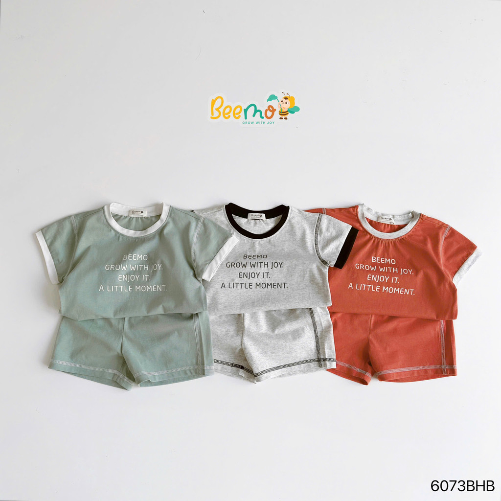 Set cotton cộc tay Beemo phối viền nổi bật họa tiết in chữ cá tinh cho bé trai 9-24kg