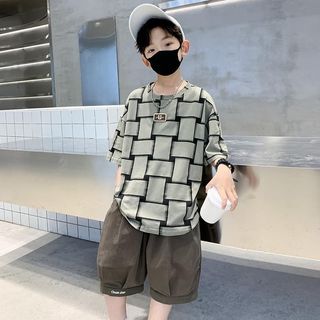 Áo thun tay ngắn cho bé trai – Cotton mỏng in họa tiết ô vuông, form rộng phong cách street mùa hè