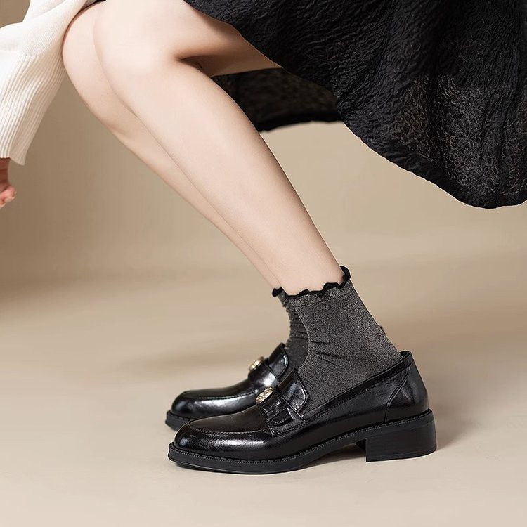 Pháp Retro Phong Cách Anh Quốc Dày Gót Giày Da Thật Slip On Camellia Giày Da Nhỏ