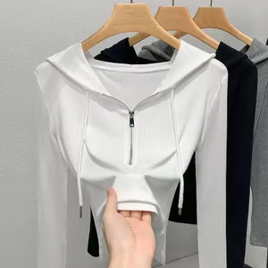 Áo thun nữ mùa thu đông có mũ trùm đầu nhung và dây kéo, thiết kế vừa vặn