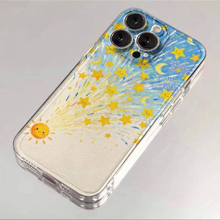 Ốp điện thoại mặt trời và ngôi sao phong cách sơn dầu cho iPhone 17Air / 16 / 15PLUS / 14 / 13pro Max / 12 / 11 / X / XS / 7 / 8, sáng tạo. Vỏ trong suốt, chống thấm nước, chống sốc, vỏ bảo vệ