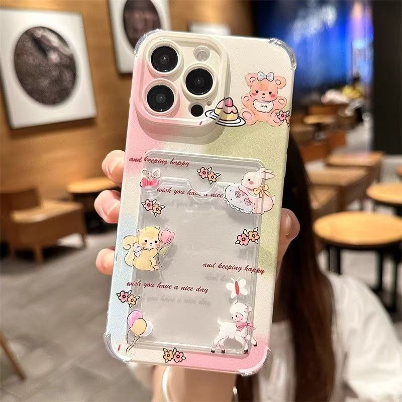 Gấu Thỏ Ví Đựng Thẻ Túi Đựng Thẻ Cho Iphone 17 16 Pro Max 17 Air 16E 12 13 Mini Ốp Lưng Hoạt Hình Họa Tiết Động Vật Silicon Bảo Vệ Không Khí Góc TPU Mềm Chống Sốc Trong Suốt