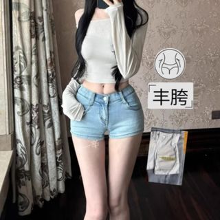 Quần shorts jean nữ đũi cao ống thẳng có đệm mông tôn dáng hông chất liệu co giãn xám xanh vintage