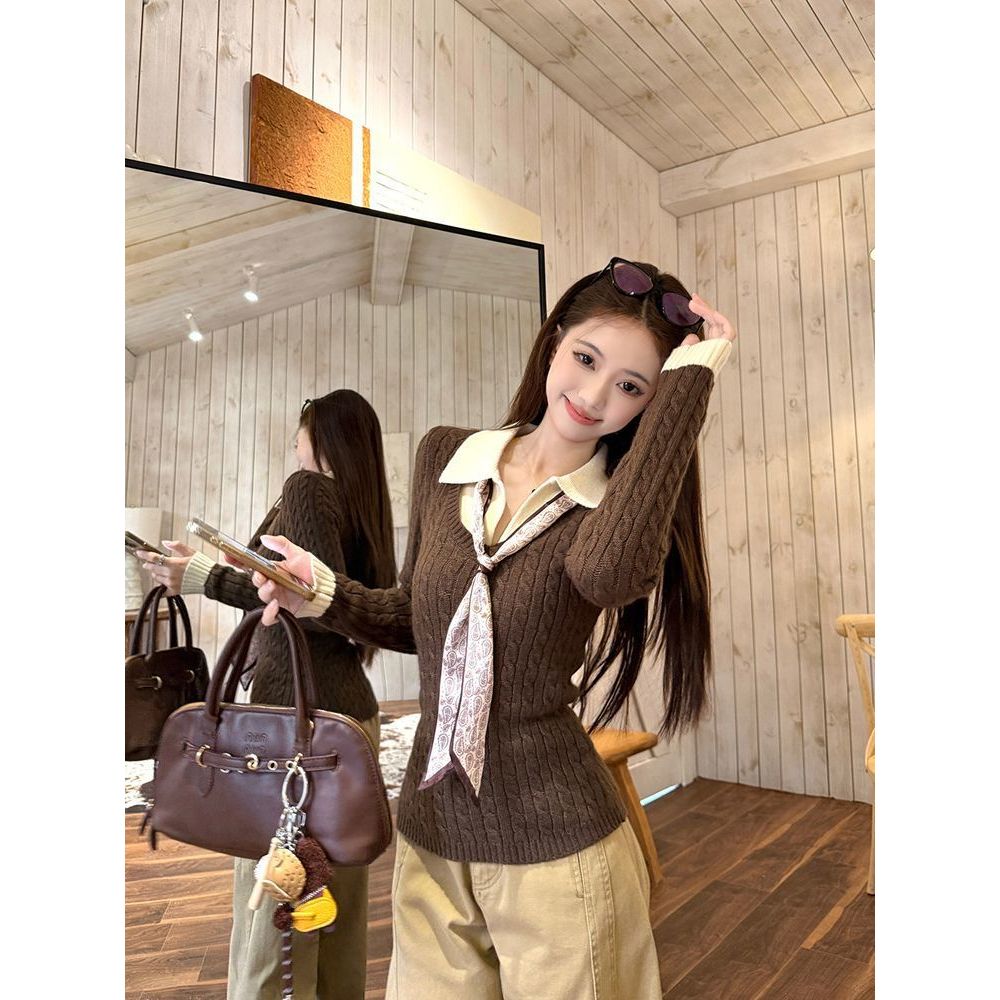 Màu Sắc Tương Phản Khâu Giả Áo Len Hai Mảnh Nữ 25 Thu Đông Cổ Áo polo Slim-fit Bên Trong Dài Tay Áo Len Top Nữ