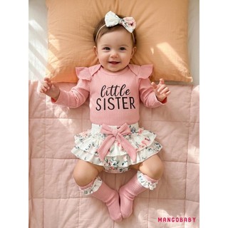 MG-Baby Girl Fall Trang Phục In Chữ Áo Liền Quần Dài Tay Nơ Lớp Váy Xù Nơ Băng Đô Và Vớ 4 Bộ