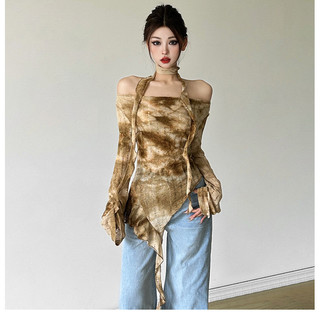 Áo thun dài tay một vai phong cách Wasteland Retro Tie-Dye, form slim-fit dành cho nữ