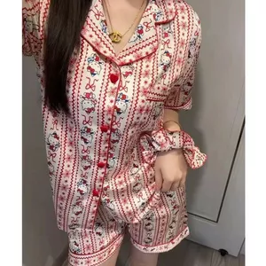 Shop Dải Đỏ KT Ice Silk Bộ Đồ Ngủ Nữ Mùa Hè Ngắn Tay Quần Short Hoạt Hình Ngọt Ngào Cardigan Mát Homewear Phù Hợp Với