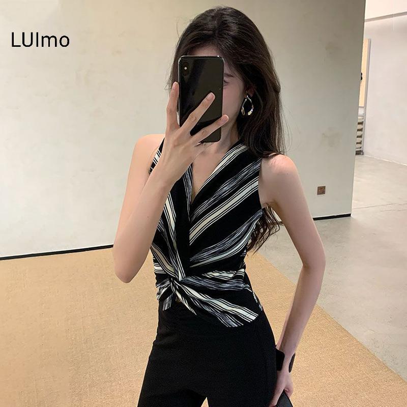 LUImo Áo sơ mi nữ retro sọc vest pleats mỏng dệt kim không tay