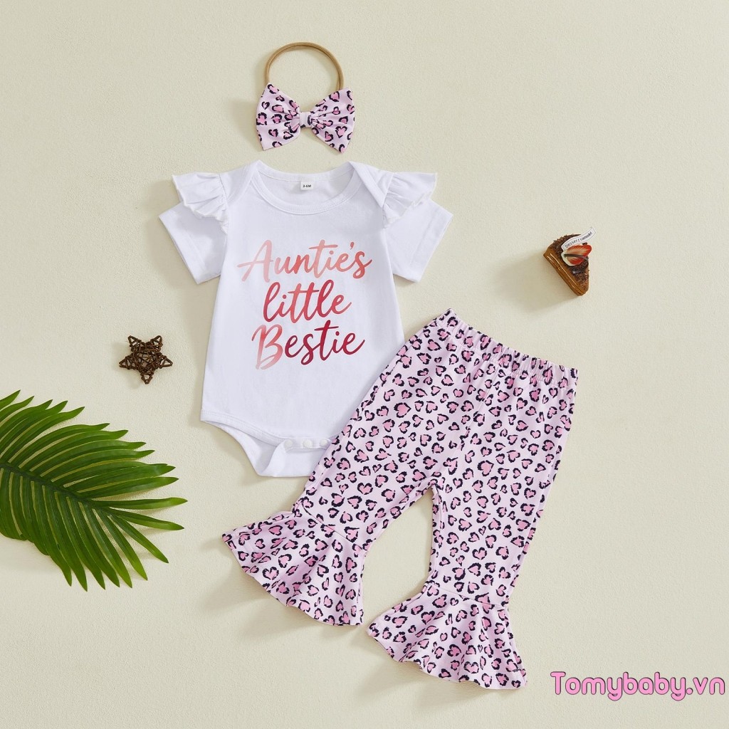 Bộ trang phục mùa xuân cho bé gái Áo liền quần ngắn tay + Quần loe họa tiết da báo + Băng đô nơ Bộ 3 chiếc