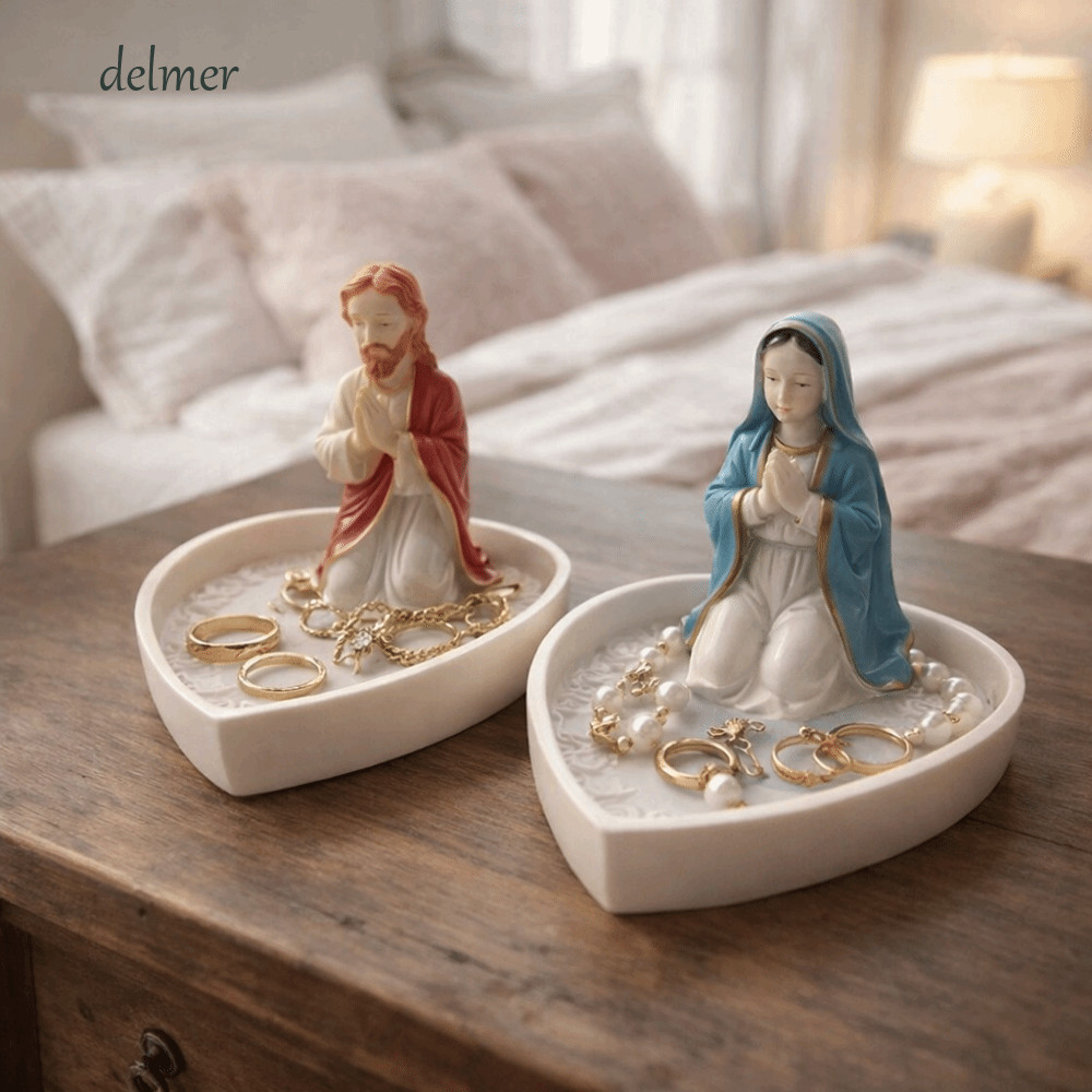 DELMER Virgin Mary Đế trang sức, Nhựa quyến rũ vượt thời gian Đức Trinh Nữ Maria Mân Côi Giá đỡ, Đồ trang trí để bàn Trang trí Khay lưu trữ thanh lịch Phòng ngủ