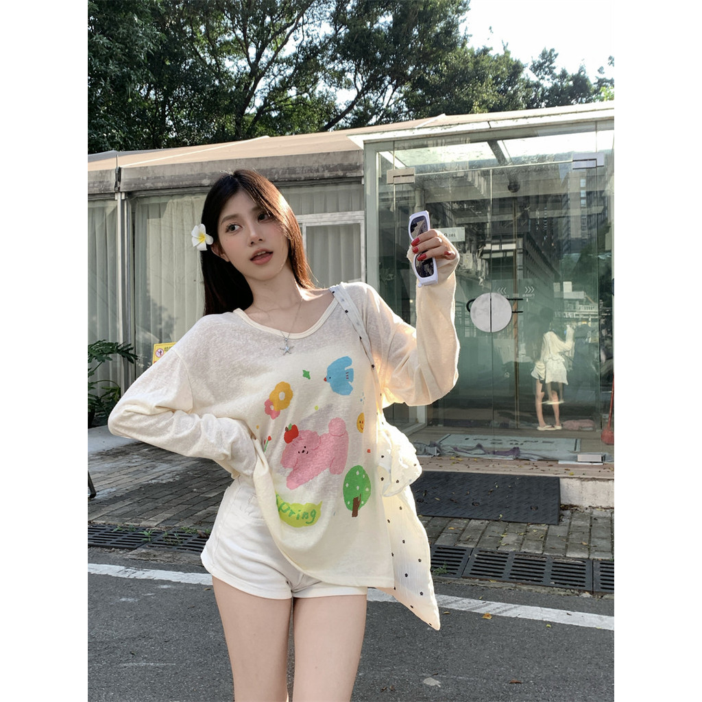 SUXI Áo thun dài tay in hình hoạt hình cho nữ mùa xuân 260310