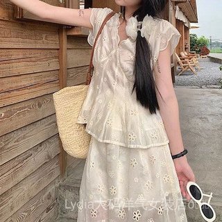 Bộ Đồ Two-Piece Ren Thêu Rỗng Cho Nữ, Style Tây Âu, Perfect cho Kỳ Nghỉ Mùa Hè