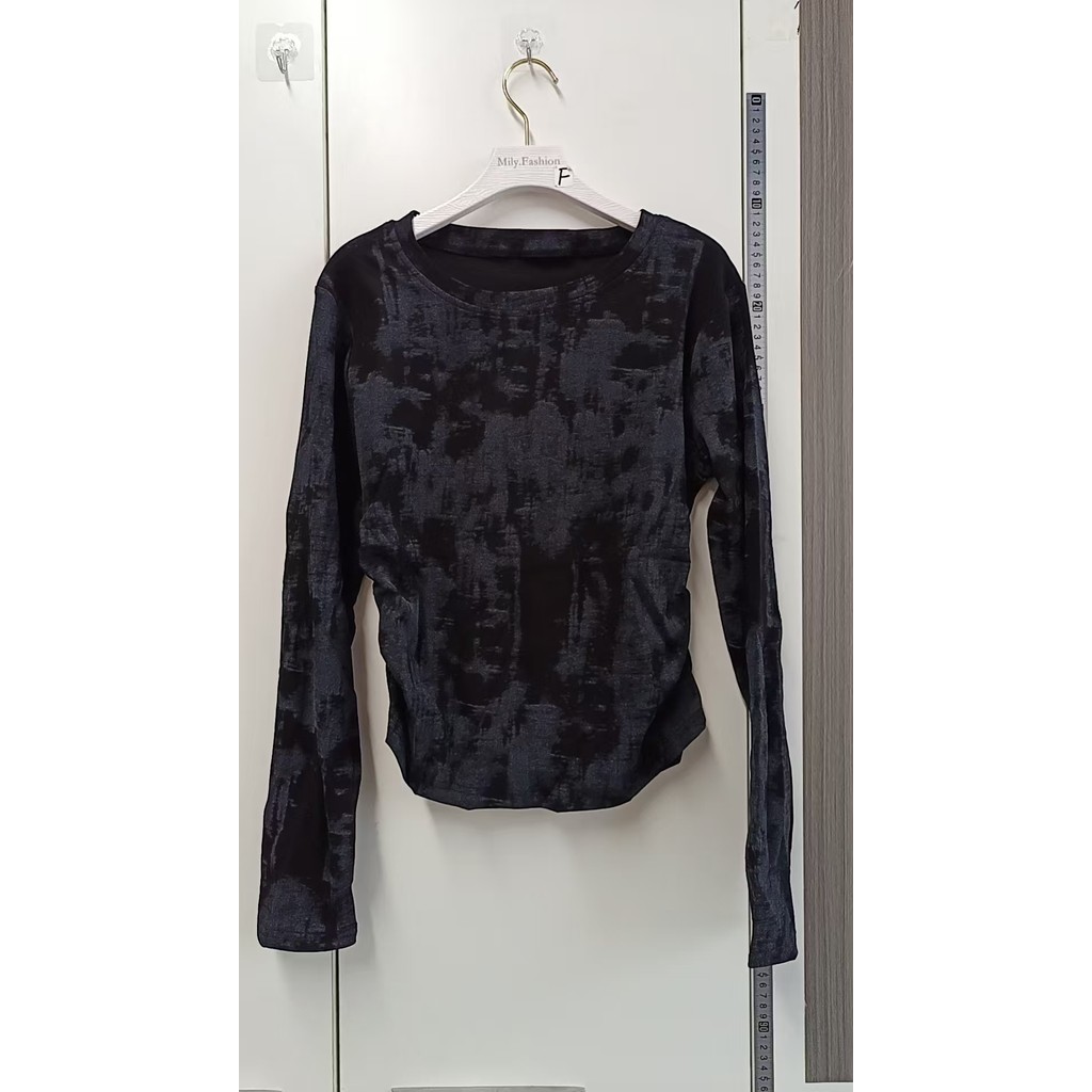 Milyfashion Cotton Size Lớn Tie-Dye Áo Thun Dài Tay Không Đều Đáy Áo Sơ Mi Nữ Slim-fit Ôm Hơn Nhìn Bao Bụng Phong Cách Phương Tây Xếp Ly Áo Ngắn