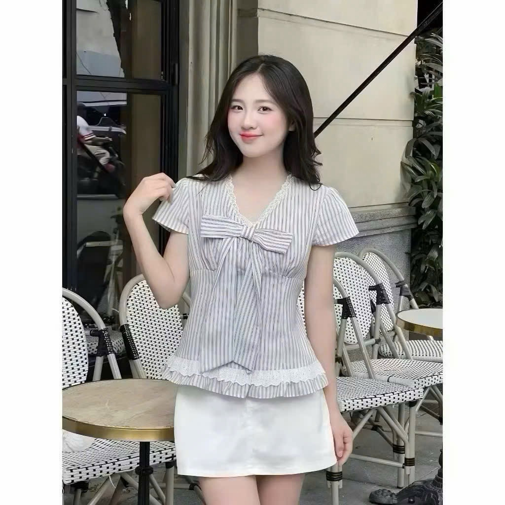 Mèo Mỡ Bigsize — Áo kiểu sơmi cổ V sọc kẻ phối ren đính nơ bigsize 60-90kg