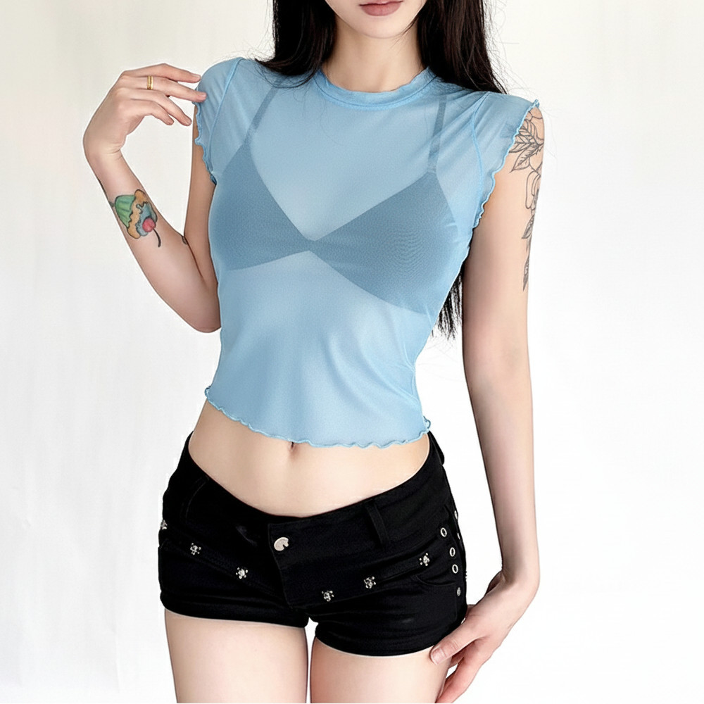 Áo Lưới Nữ Tay Ngắn Viền Cuốn Biên  Kiểu Xuyên Thấu Cá Tính A5153843