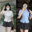 Áo sơ mi nữ ngắn tay phồng búp sen xếp ly eo cột dây sau SM27L333
