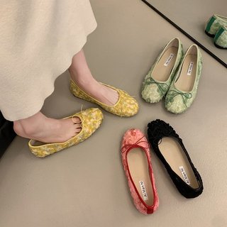 Giày Đế Bằng Nữ Mũi Tròn Slip-On Nông Miệng Nơ