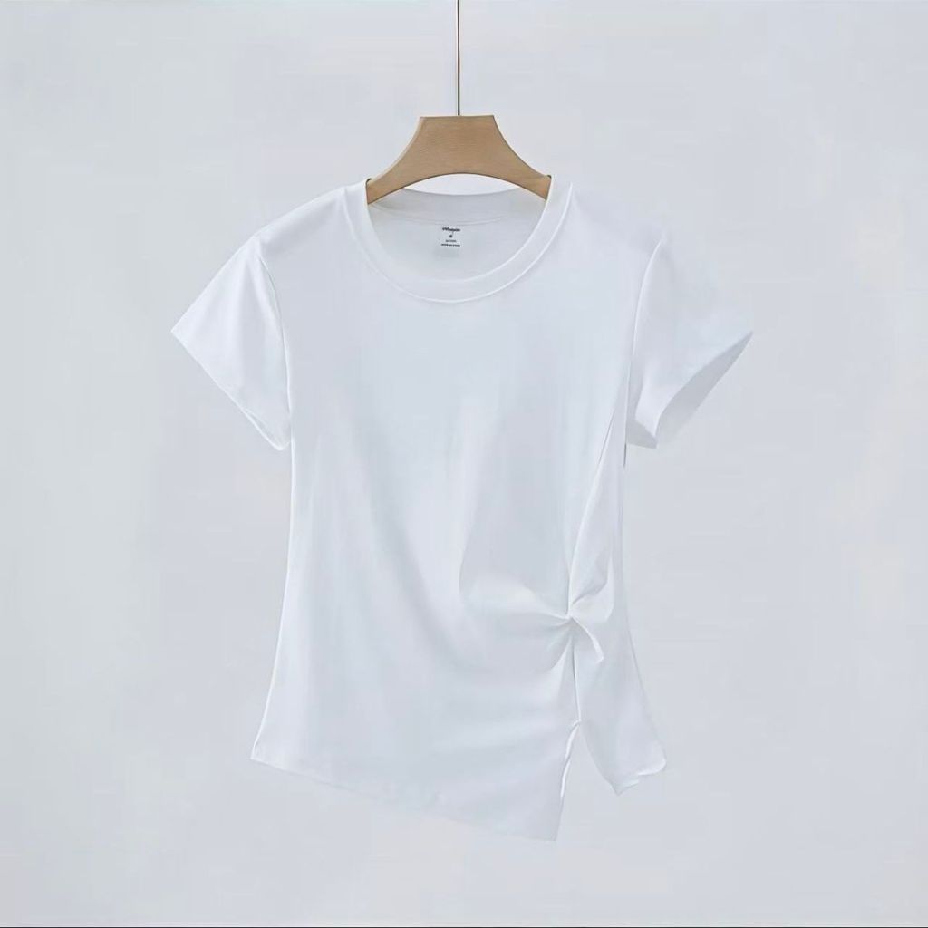 Áo thun nữ short-sleeve với thiết kế thắt nút cổ tròn phong cách Hàn Quốc, phù hợp mùa hè, dáng slim-fit.
