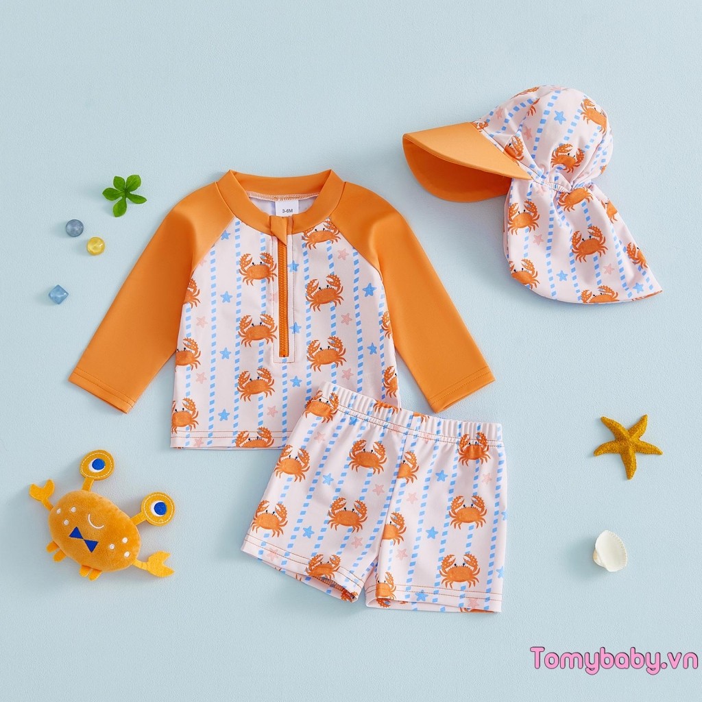 Áo dài tay in hình cua cho bé trai + Quần bơi + Mũ chống nắng Bộ đồ tắm khô nhanh 3 mảnh