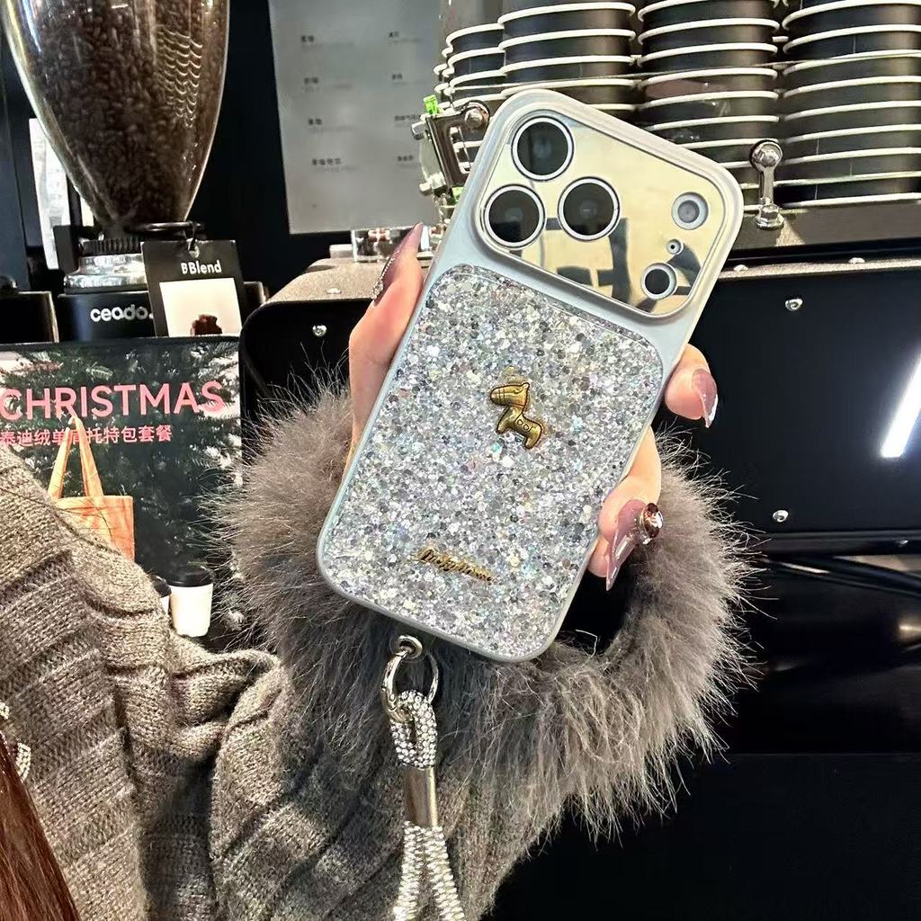 Ốp điện thoại hình ngựa kim cương mờ + dây buộc cho IPhone 17 Pro Max 17 16 15 14 13 Vỏ điện thoại chống rung